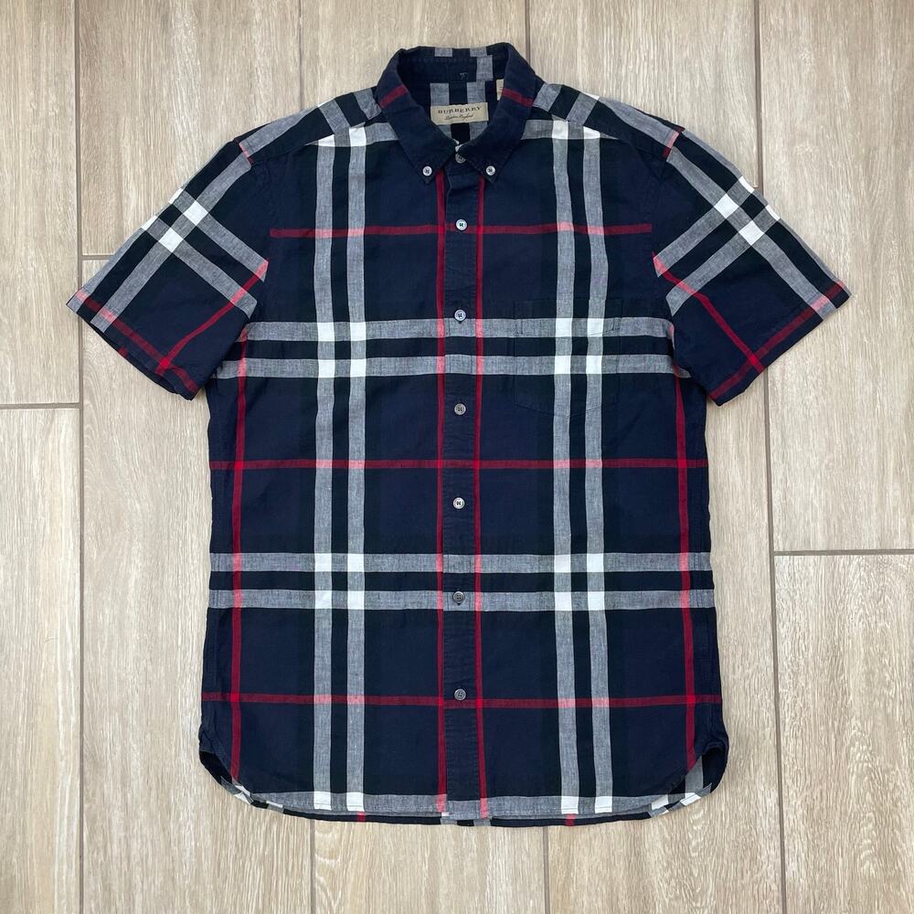 Burberry Navy Exploded Check Short Sleeve Linen Cotton Button Shirt Men's M